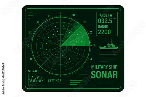 Advanced Military Ship Sonar Display Interface Vector Illustration, Detailed Naval Radar Screen, Target Detection, Signal Waveform, Modern Vessel Tracking, Green HUD, Transparent Background