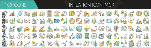 Inflation Icon Pack with 100 Economic and Financial Symbols - A comprehensive set of 100 cartoon-style inflation icons, featuring price tags, graphs, currency, interest rates, and economic indicators 