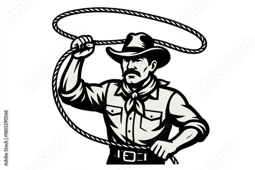 Vintage Western Cowboy Lassoing Rope Monochrome Vector Illustration, Rodeo Ranch Hand Silhouette, Wild West Sheriff Hat, Bandana, Checkered Shirt, Belt Buckle, Isolated On Transparent Background
