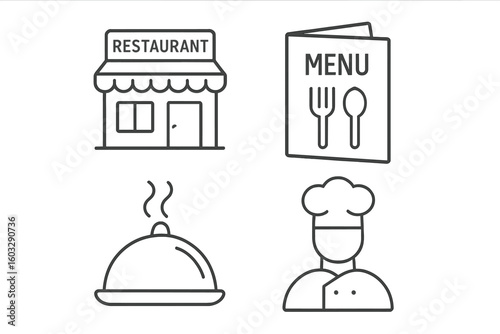 Restaurant and Food Service Line Icon Set – Restaurant Building, Menu, Chef, Hot Dish. Linear Style, Outline Vector for Culinary, Hospitality, Web Design, Infographics, Editable Stroke, Modern Symbols