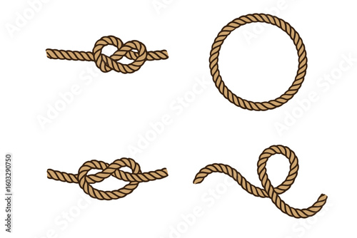 Vintage Rope Knots and Loops Collection – Nautical Marine Rope Tying Illustrations Set of 4, Isolated on Transparent Background, Sailing, Boating, Rustic Cord Detail, Vector Art