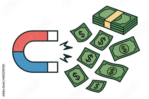 Magnet attracting money concept. Business success and financial profit symbol. Attracting investments and wealth. Cash flow and income growth vector illustration for finance.