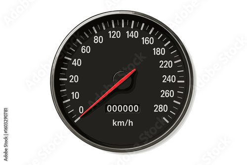 Realistic Speedometer Vector Illustration for Automotive Dashboard Design, High-Resolution Isolated Gauge, Kilometers per Hour, Black Modern Panel, Transparent Background, Commercial Vehicle Graphics