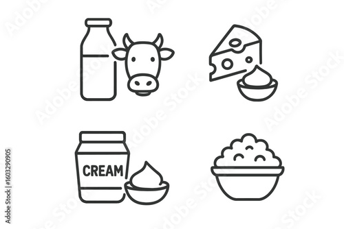 Set of 4 Linear Outline Icons of Milk and Dairy Products, Natural Fresh Cow Milk, Fermented Milk, Cheese, Cream, Sour Cream, Cottage Cheese Vector Symbols for Food and Beverage Design