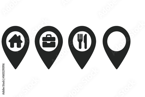 Set of map pin icons collection with location markers including home, work, restaurant, and GPS vector symbols on transparent background for navigation and travel