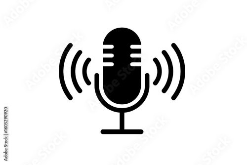 Microphone icon with sound waves for recording. Voice message and podcast symbol. Radio broadcast audio sign. Black vector illustration isolated on white background.