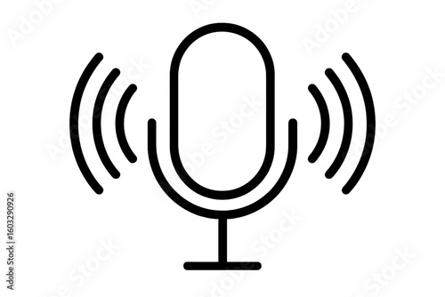 Microphone icon with sound waves. Voice recording symbol. Audio podcasting and broadcast mic sign. Radio, studio communication concept. Vector line illustration for web.