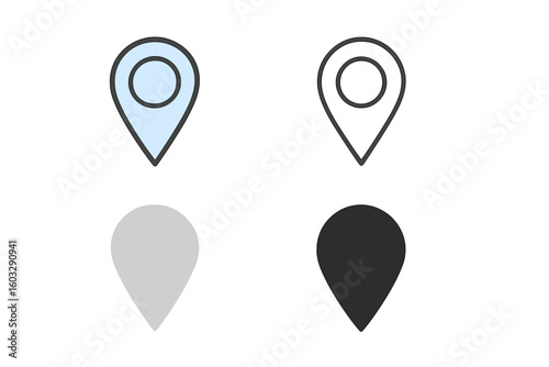 Map pin location marker icon set in light blue, outline stroke and solid glyph styles with glow, GPS navigation pointer symbol for mobile app UI, geolocation and mapping vector