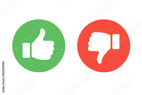 Thumbs up and thumbs down icon set. Like and dislike symbols for social media feedback. Yes and no vote signs. Green approval and red disapproval buttons. Vector illustration.