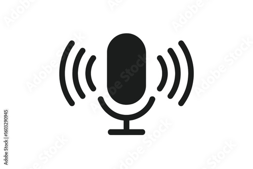Microphone icon with sound waves. Voice recording symbol. Audio podcasting and broadcasting sign. Radio, studio communication pictogram. Speech recognition vector illustration.