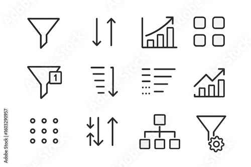 Sorting and Filtering Line Icon Set for Digital Data Management, Processing, Pattern Recognition, Order and Structure Control, Template Design, and User Interface in Linear Outline Style