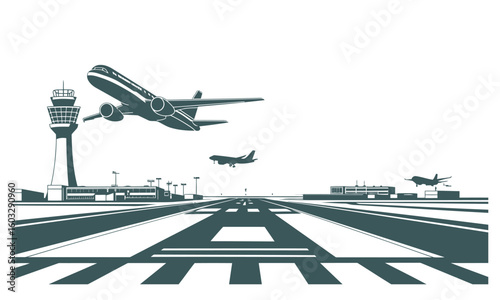 Busy silhouette airport vector with runway terminal and control tower in black and white