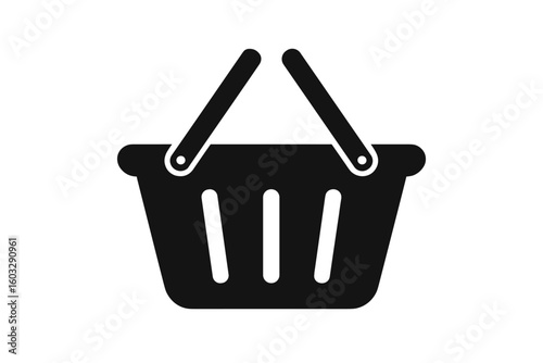 Shopping basket icon, vector supermarket tote bag, retail store purchase symbol, grocery cart, black silhouette, commerce transaction emblem, market shopping container clipart illustration