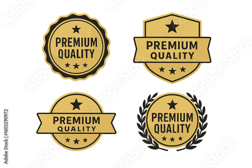 Premium Quality Badges Set – Gold Emblem Labels, Luxury Guarantee Seals, Award Stickers, High Standard Certificate Icons, Elegant Insignia Collection, Transparent Background