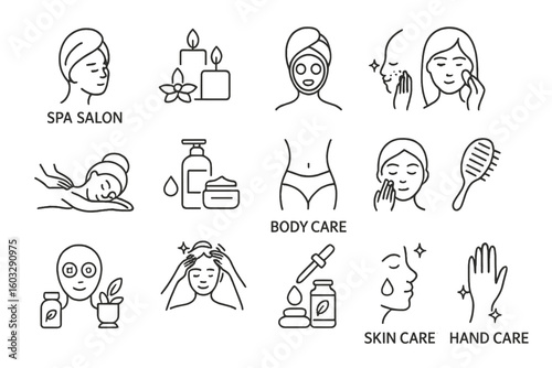 Spa Salon Beauty Care Vector Icons. Body, Face, Skin, Hair, Hand Treatment, Massage, Relaxation, Aromatherapy, Natural Cosmetics, Hygiene, Wellness, Spa Procedures, Thin Line Style Set