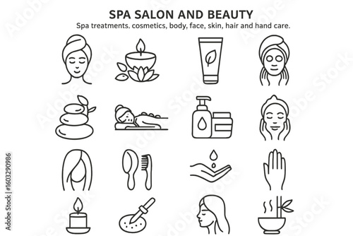 Spa salon and beauty line icon set, spa treatments, cosmetics, body care, face care, skin care, hair care, hand care, wellness, relaxation, health, beauty services, mobile app and website linear icons