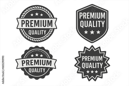 Premium Quality Badges Set – Monochrome Vector Emblem Collection with Stars, Shield, Ribbon, Circle, and Burst Shapes, Isolated on Transparent Background for Labels and Branding