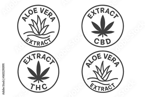 Cosmetic Packaging Stamps Vector Set. Aloe Vera Extract and Cannabis Leaf Extract Labels with Flowing Plant Line Icons. CBD, THC, Botanical Herbal Plant Extract Badges for Natural Cosmetic Products
