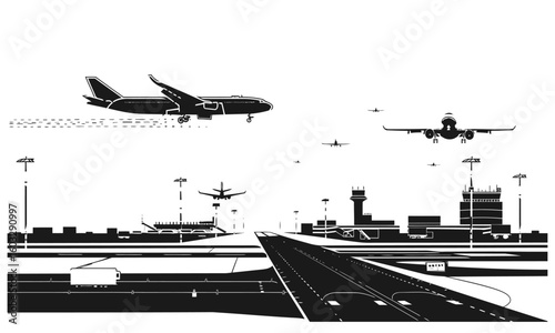 Busy silhouette airport vector with runway terminal and control tower in black and white