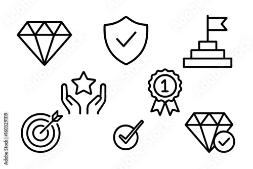Premium Quality and Achievement Line Icon Set—Diamond, Winner Badge, Star, Shield, Trophy, Target, Success Symbol, Gem, Outline Vector, Business Excellence, Linear Modern Collection