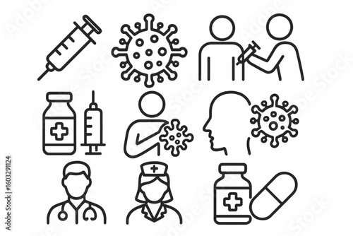 Vaccination Icon Set Vector, Injection and Vaccine Line Art, Disease Prevention, Medicine, Virus Protection, Doctor and Nurse Healthcare Symbols, Patient Immunization Concept