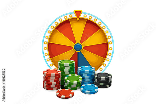 Casino Wheel of Fortune, Colorful Gambling Chips, Lucky Spin Game, Casino Night, Jackpot Prize, Glowing Light, Vector Illustration, Isolated on Transparent Background, Entertainment Concept