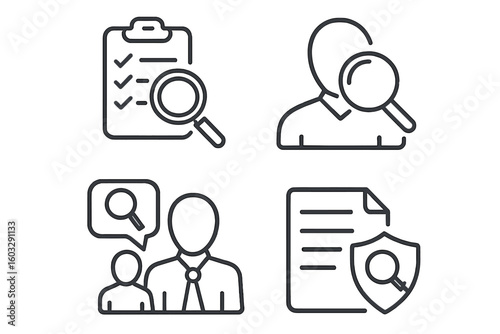 Set of 4 linear inspection and supervision icons, outline style vector elements for examination, monitoring, quality control, pictogram and infographic design collection