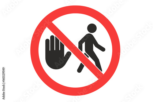 No Entry Stop Sign, Hand Gesture Warning, No Pedestrian Walk Symbol, Prohibition Red Circle, Vector Illustration, Safety Caution Icon, Restriction Warning, Public Area Access Alert