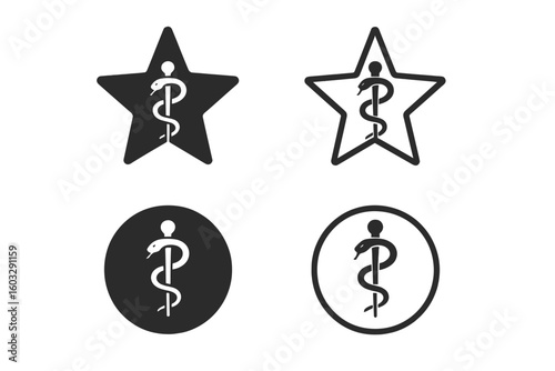 Medical Symbol Icons Set with Star and Circle Shapes, Rod of Asclepius, Snake, Silhouette and Outline Healthcare Graphics, Vector Illustration for Hospital and Pharmacy Logos