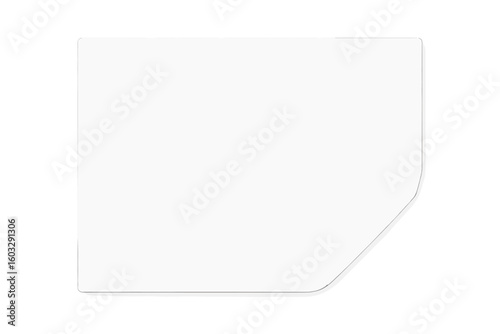 Realistic white paper sheet with curled corner and soft shadow. Blank page curl on a document or sticker. Empty note template for web design, advertising, or mockup.