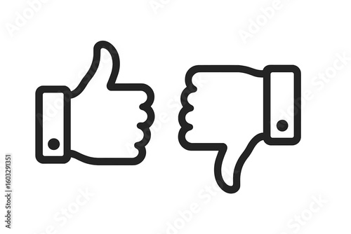 Thumbs Up Thumbs Down Hand Gesture Icon Set, Like Dislike Approval Rejection Opinion Symbols, Minimalist Outline Vector Illustration, Feedback Voting Social Media Concept