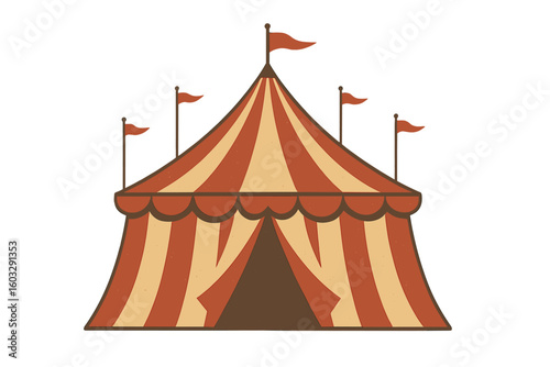 Vintage circus big top striped red and beige marquee tent with fluttering flags, carnival fairground pavilion, retro attraction vector illustration on transparent background