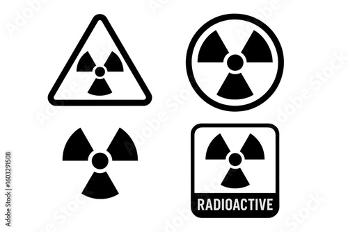 Radioactive warning sign and radiation danger icon set. Nuclear hazard symbol. Atomic energy caution sign. Ionizing radiation safety alert. Toxic waste vector.