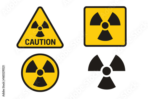 Radioactive warning icon set. Radiation danger signs collection. Nuclear hazard and toxic waste safety symbols. Caution trefoil logo vector illustration for alerts.