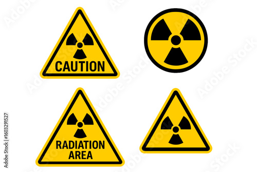 Radioactive material warning icon set. Radiation danger symbol collection. Yellow triangle caution sign for hazardous area. Nuclear energy alert vector illustration isolated.