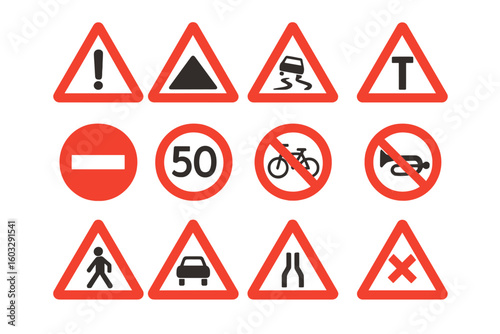 Traffic Safety and Warning Road Signs Collection — Red Border Vector Icons, Exclamation, Triangle Danger, Prohibition, Speed Limit, Caution, No Entry, Caution Symbols Isolated PNG