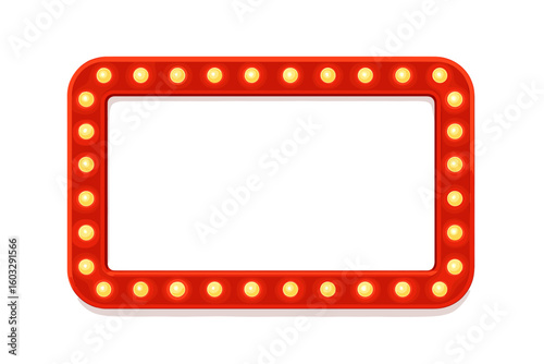 Shining marquee with light bulbs. Red retro light bulb frame. Vintage casino or cinema signboard. Electric glowing banner billboard. Vector illustration isolated on white background.