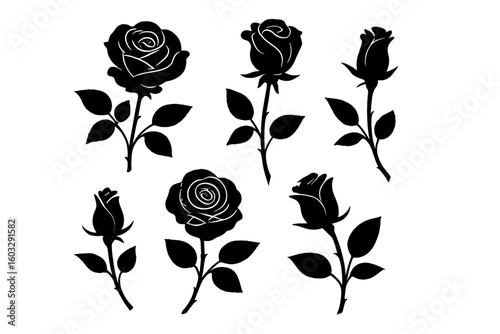 Elegant Rose Silhouettes Vector Set. Black Rose Buds, Blooms, and Stems Isolated on Transparent Background. Floral Botanical Stencils Collection for Laser Cutting, Design, Craft Projects