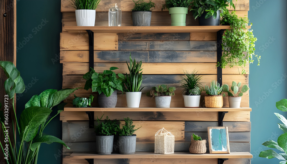Fototapeta premium Wooden shelving unit with plants and decorative accents