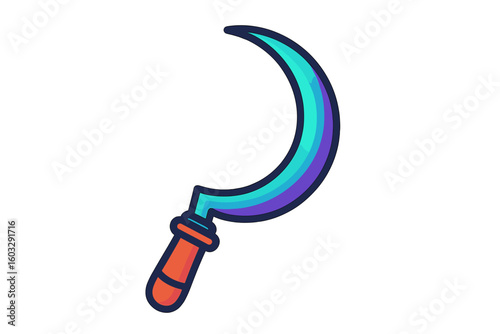 Colorful Sickle Tool Vector Icon — Vibrant Agricultural Equipment Symbol, Gradient Curved Blade, Farming Harvest Concept, Modern Isolated Illustration, Transparent Background