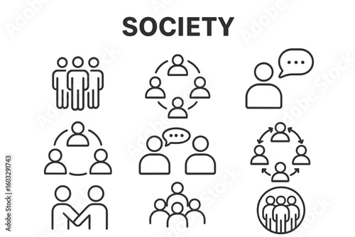 Society Line Icon Set - Social Group, People, Communication, Human Community, Interaction, Unification, Connection, Discussion, Teamwork, Collaboration, Outline Linear Style Vector Collection