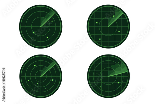 Green Radar Screen Vector Set, Military and Air Traffic Control Display, Scanning Pulse Animation, Futuristic Surveillance HUD Elements, Isolated Transparent Background, Digital Navigation Concept