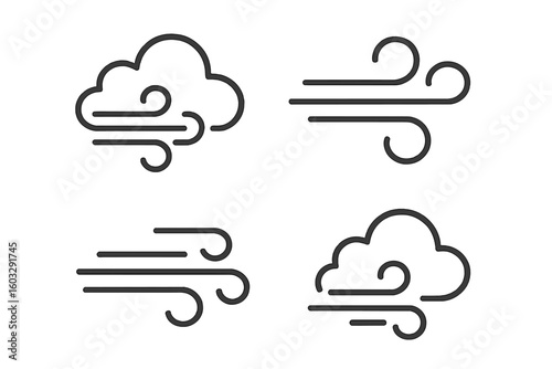 Wind Weather Line Icons Set. Air Flow, Breeze, Windy Cloud Symbols. Minimalist Swirl Curves for Forecast, Storm, Climate, Air Movement, Freshness, Speed, Storm, Meteorology. Vector Template.