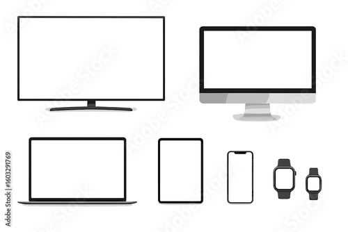 Realistic device mockup set. Technology collection with empty screens: TV, computer, laptop, tablet, smartphone, smart watch. For website, portfolio and presentation.