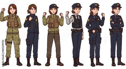 Cartoon illustrations of young women in modern police and military uniforms performing powerful pose