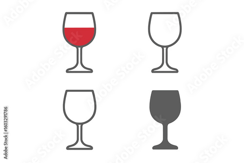 Wine glass icons set. Red wine glass, outline, filled silhouette, minimalist vector illustration. Stemware simple isolated modern design. Transparent PNG and editable stroke style symbols.