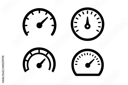 Speedometer gauge icon set of 4 isolated black dashboard meters vector illustration. Automobile tachometer, velocity indicator, UI control dial symbols on transparent background