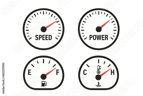 Speedometer and Fuel Gauge Set of 4 Vector Illustrations on Transparent Background, Car Dashboard Instruments, Speed, Power, Fuel Meter Icons, Automotive Vector Graphics