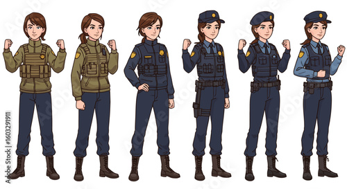 Cartoon illustrations of young women in modern police and military uniforms performing powerful pose