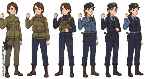 Cartoon illustrations of young women in modern police and military uniforms performing powerful pose